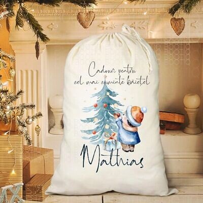 Cel mai cuminte baietel  - Sac personalizat Craciun din bumbac cu look vintage