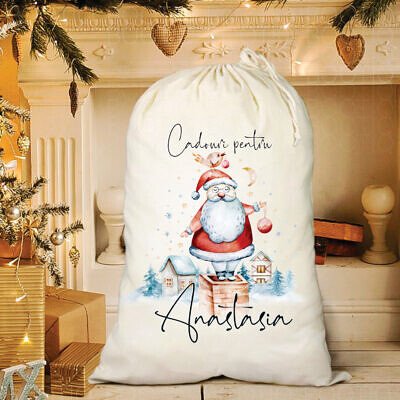 Sac Mos Craciun cu cadouri  - Sac personalizat din bumbac cu look vintage, legat cu snur