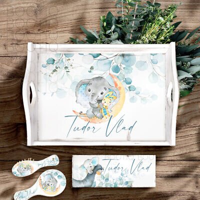 Tavita Mot Personalizata - Elephant Baby Boy -  Set Aniversar 1 An Tava Mot Fetita si Cutiuta Prima Suvita