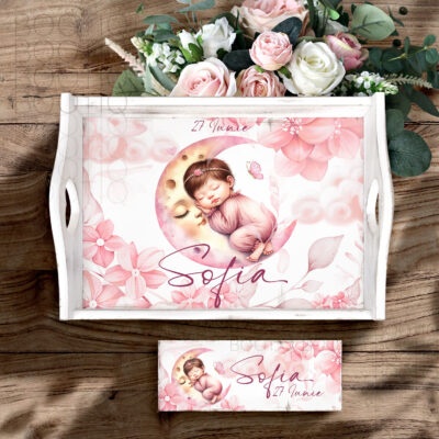 Tavita Mot Botez The Moon Flower -  Set Aniversar 1 An Tava Mot Personalizata din Lemn si Cutiuta Prima Suvita, Perie si Oglinda