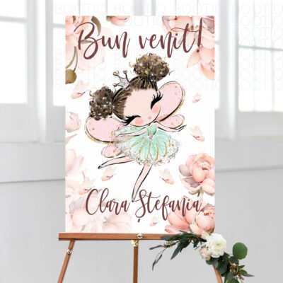 Semn Bun Venit pentru Botez Fairy - Personalizat simplu sau cu lista invitatilor