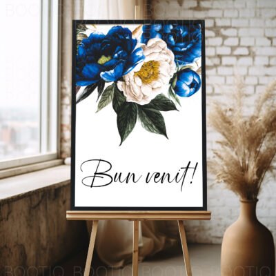 Semn pentru Nunta Royal Blue Flowers – Personalizat simplu sau cu lista invitatilor