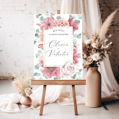 Semn pentru Nunta Pastel Rose Flowers – Personalizat simplu sau cu lista invitatilor
