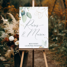 Semn pentru Nunta Green and Gold Leaf – Personalizat simplu sau cu lista invitatilor Image